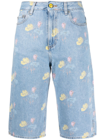 Ganni Floral Denim Bermuda Shorts In Blue