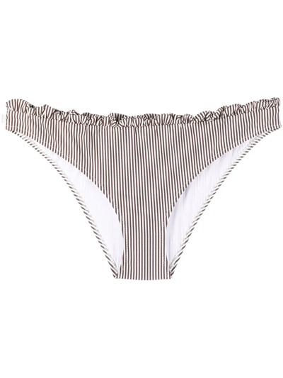 Ganni Ruched Striped Bikini Bottoms In Dark Brown