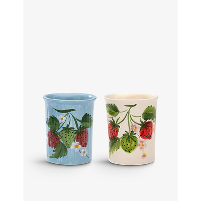 Anna + Nina Strawberry Fields Hand-painted Ceramic Cups Set Of Two In White
