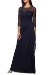 Alex Evenings Embellished Chiffon Evening Gown In Dark Navy