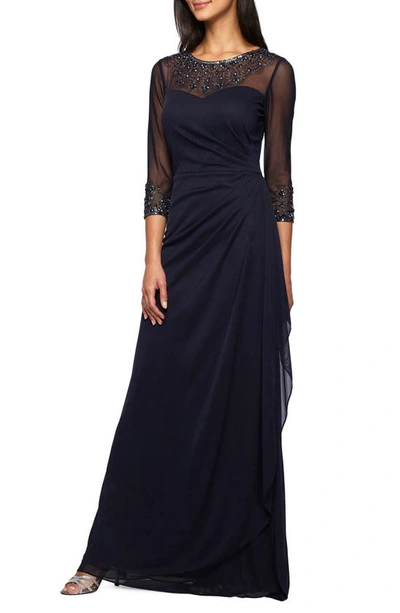 Alex Evenings Embellished Chiffon Evening Gown In Dark Navy