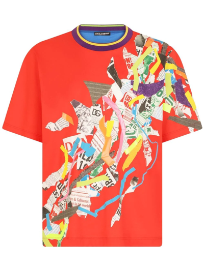 Dolce & Gabbana Cotton T-shirt With Newspaper Patchwork Print In Multicolor