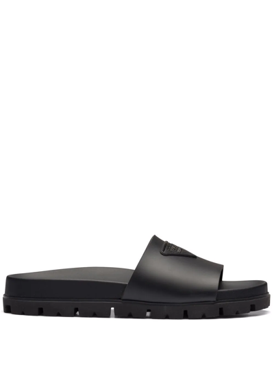 Prada 38 Logo Strap Lug-sole Leather Slides In Black