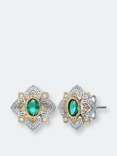 Rachel Glauber Rhodium And 14k Gold Plated Emerald Cubic Zirconia Stud Earrings In Green