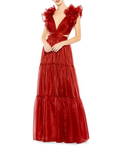 Mac Duggal Ruffled Shoulder Cut Out Soft Tie Back Tiered Gown In Wine