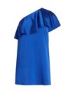 Saint Laurent Satin Silk One-shoulder Ruffle Minidress In Blue