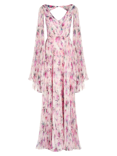 Theia Women's Melinda Pleated Floral Cape-sleeve Gown In Pink