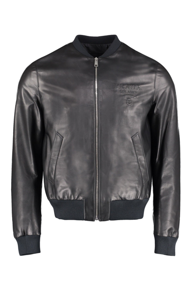 Prada Ribbed Hem Leather Bomber Jacket In Black