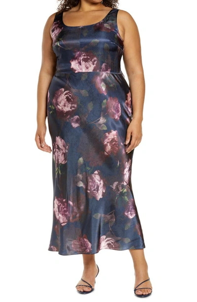Vince Night Garden Floral Square Neck Satin Dress In Black