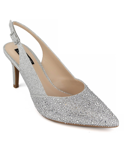 Jones New York Bernie Womens Rhinestone Pointed Toe Slingback Heels In Silver