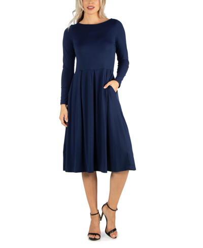 24seven Comfort Apparel Midi Length Fit And Flare Pocket Maternity Dress In Navy