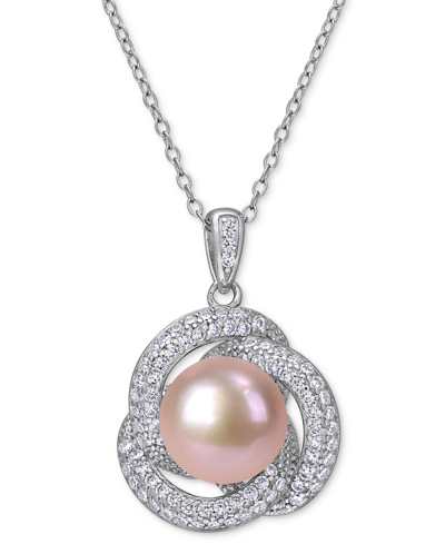 Macy's Pink Cultured Freshwater Pearl (10-1/2mm) & Cubic Zirconia Love Knot 18" Pendant Necklace In Sterlin In Silver
