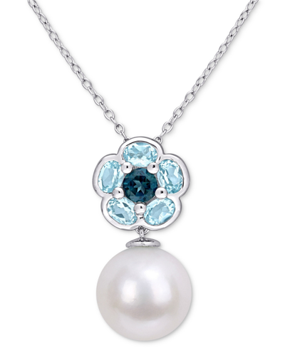 Macy's Cultured Freshwater Pearl (11mm) & Blue Topaz (1-3/5 Ct. T.w.) 18" Pendant Necklace In Sterling Silv In Silver