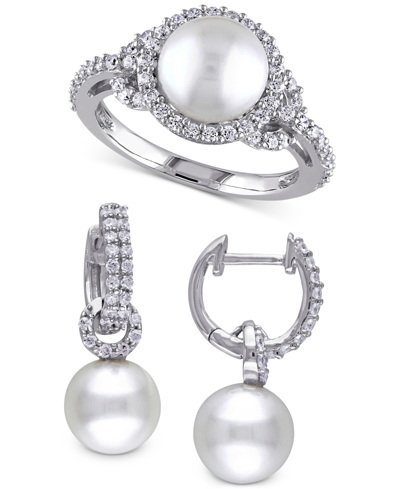Macy's 2-pc. Set Cultured Freshwater Pearl (8-9mm) & Cubic Zirconia Dangle Hoop Earrings & Halo Ring In Ste In Silver