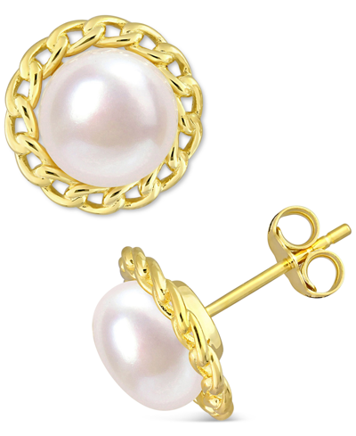 Macy's Cultured Freshwater Pearl (8mm) Link Frame Stud Earrings In Gold-tone Plated Sterling Silver In Gold Tone