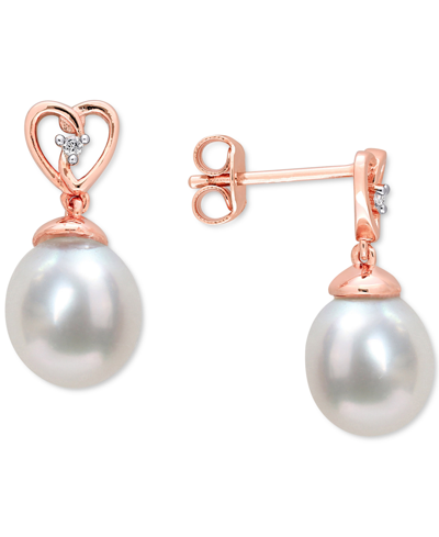 Macy's Cultured South Sea Oval Pearl (8-9mm) & White Topaz Accent Heart Drop Earrings In Rose-tone Sterling