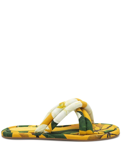 Oscar De La Renta Floral-print Crossover Strap Sandals In Gelb