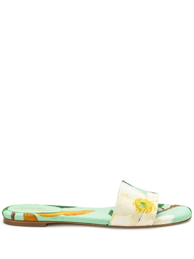 Oscar De La Renta Floral-print Flat Sandals In Seaglass Multi