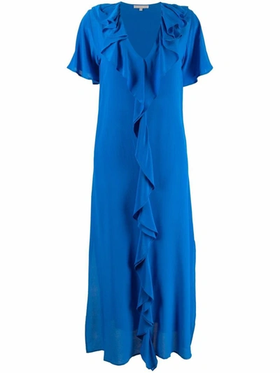 Gold Hawk Ruffle-trim V-neck Long Dress In Azul