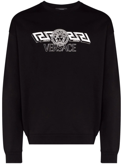 Versace Logo印花棉质平纹针织卫衣 In Black