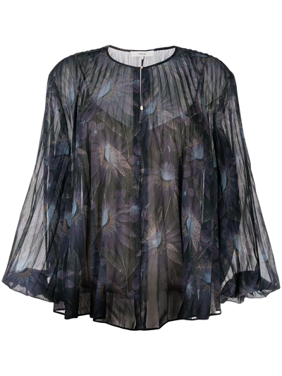 Vince Deco Floral Pleated Blouse In Blue