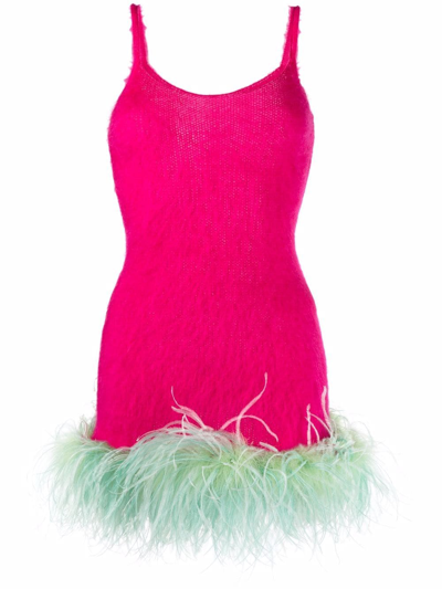 Saint Laurent Feather-trim Knitted Mini Dress In Pink