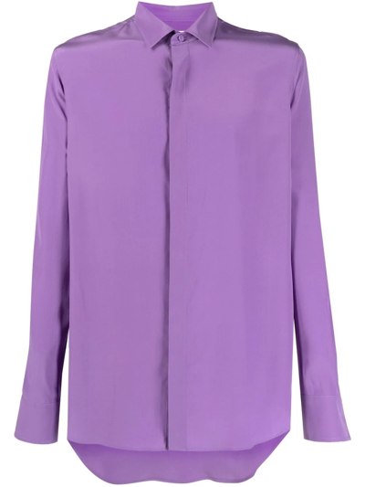 Valentino Long-sleeve Silk Satin Shirt In Purple