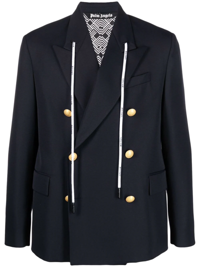 Palm Angels Navy Double-breasted Blazer With Drawstring In Blue