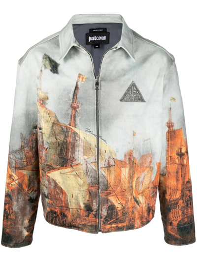 Just Cavalli Stretch Cotton Jacket With All-over Graphic Print In Beige/light Blue