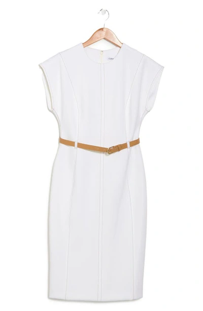 Calvin Klein Belted Cap Sleeve Scuba Sheath Dress In Wht/ Caramel | ModeSens