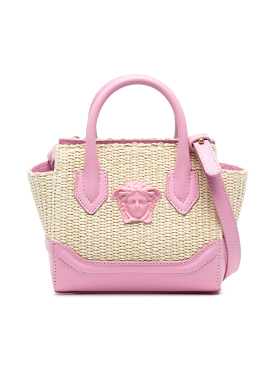 Versace Kids' Straw Effect Top Handle Bag W/ Medusa In Pink