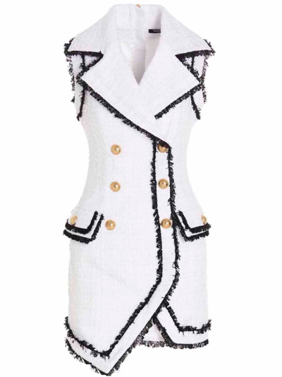 Balmain 6-button Asymmetric Eyelash Tweed Mini Dress In White