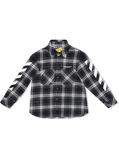 Off-white Boy's Bookish Logo-print Striped Flannel Shirt In Black