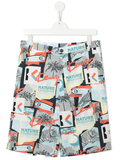 Kenzo Kids' Logo-print Cotton Shorts In Blue