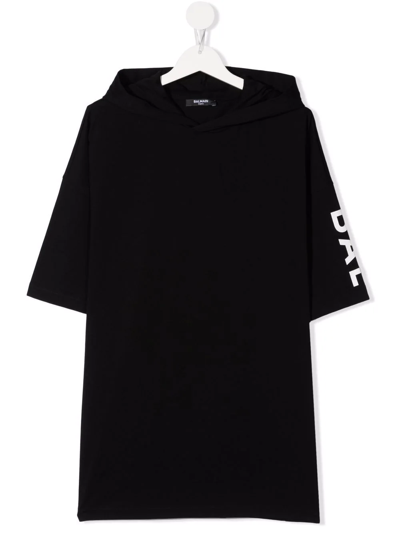 Balmain Teen Short-sleeved Oversized Hoodie In Black