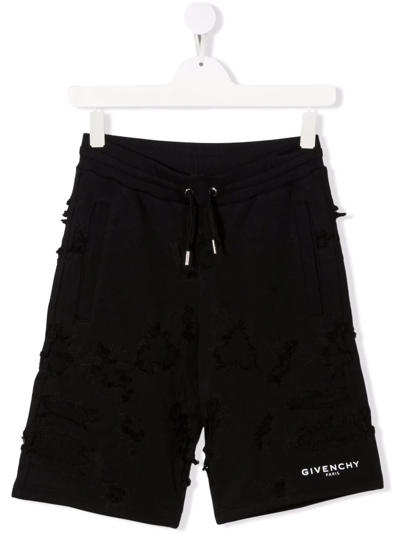 Givenchy Kids' Distressed Logo-print Shorts In Black