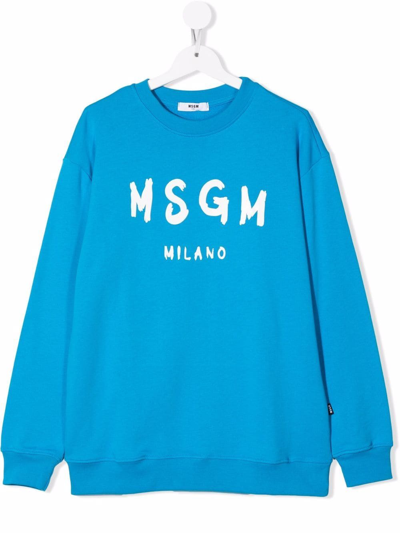 Msgm Teen Logo Print Cotton Sweatshirt In Blue