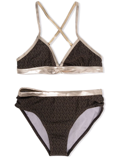 Michael Kors Kids' Monogram-print Triangle-cup Bikini Set In Brown