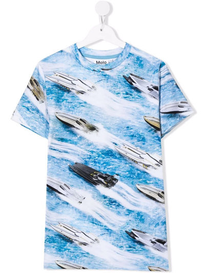 Molo Teen Boat-motif Organic-cotton T-shirt In Blue