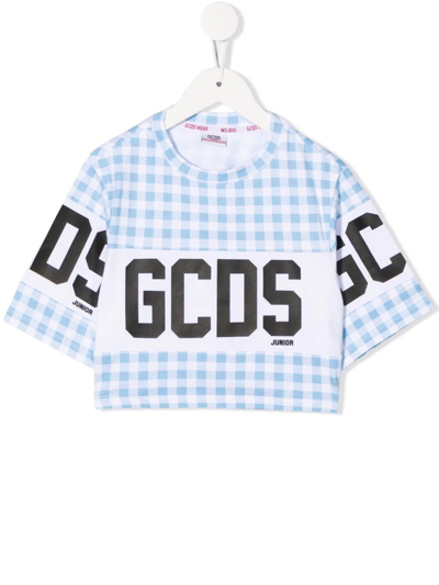 Gcds Kids' Gingham Logo-print T-shirt In Blue