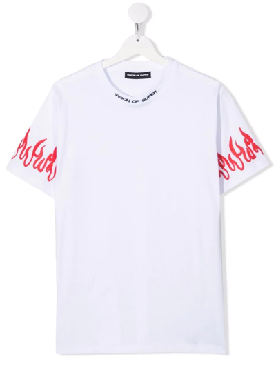 Vision Of Super White Kids T-shirt With Logo And Red Spray Flames Print In Bianco