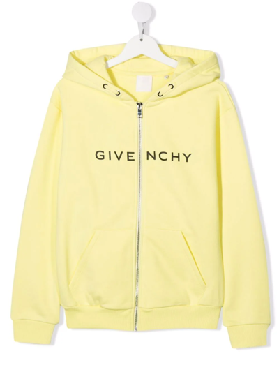 Givenchy Teen Logo Print Zip-up Hoodie In Yellow