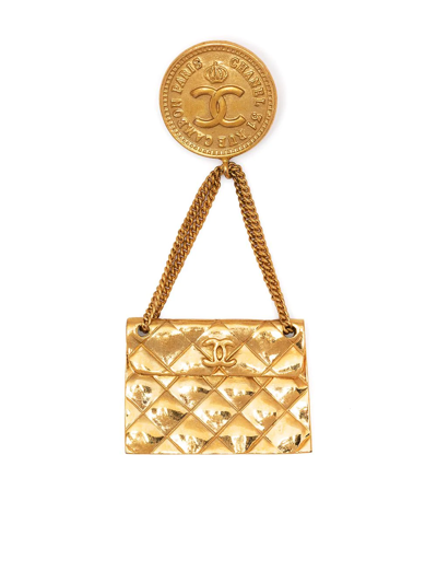 Pre-owned Chanel 1993 Cc Bag Motif Brooch In Gold