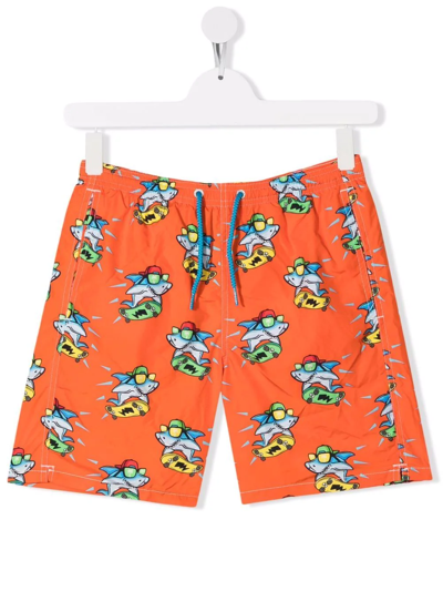 Mc2 Saint Barth Teen Shark-print Swim Shorts In Orange