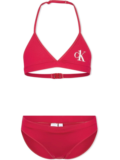 Calvin Klein Underwear Kids' Logo Print Halter Neck Bikini In Red