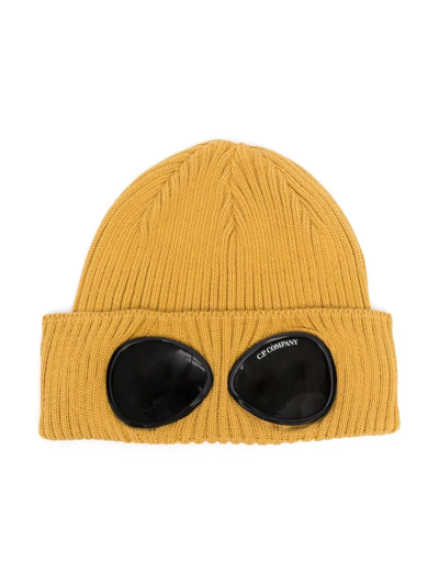 C.p. Company Kids' Ribbed-knit Goggle-detail Beanie In Yellow