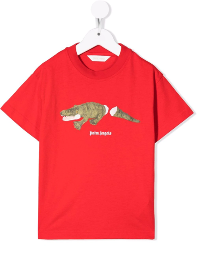Palm Angels Kids' Crocodile-print Round-neck T-shirt In Red