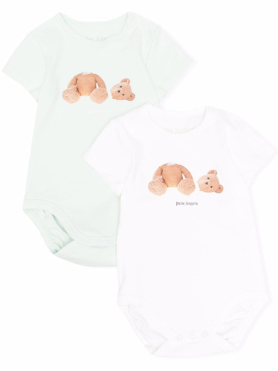 Palm Angels Babies' Bear-print Set Of Two Cotton Bodysuits 3-12 Months In White,light Blue