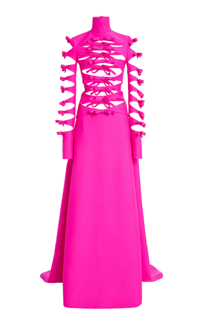 Valentino Bow-detailed Cutout Wool-silk Gown In Pink