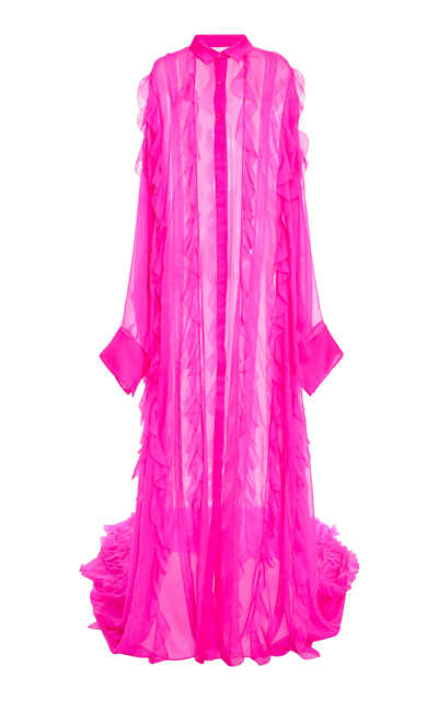 Valentino Cascading Ruffle Silk Chiffon Shirt Gown In Pink
